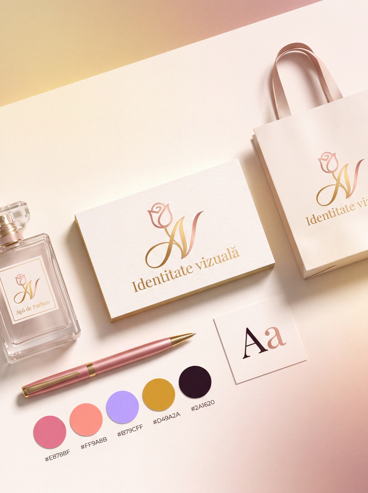 Identitate vizuală: carte de vizită, pungă, flacon de parfum și paleta de culori