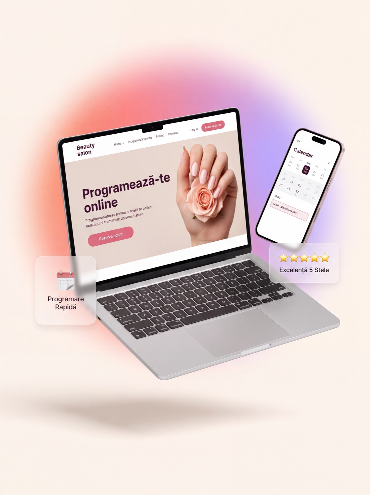 Laptop cu un site de salon și un calendar de programări pe telefon